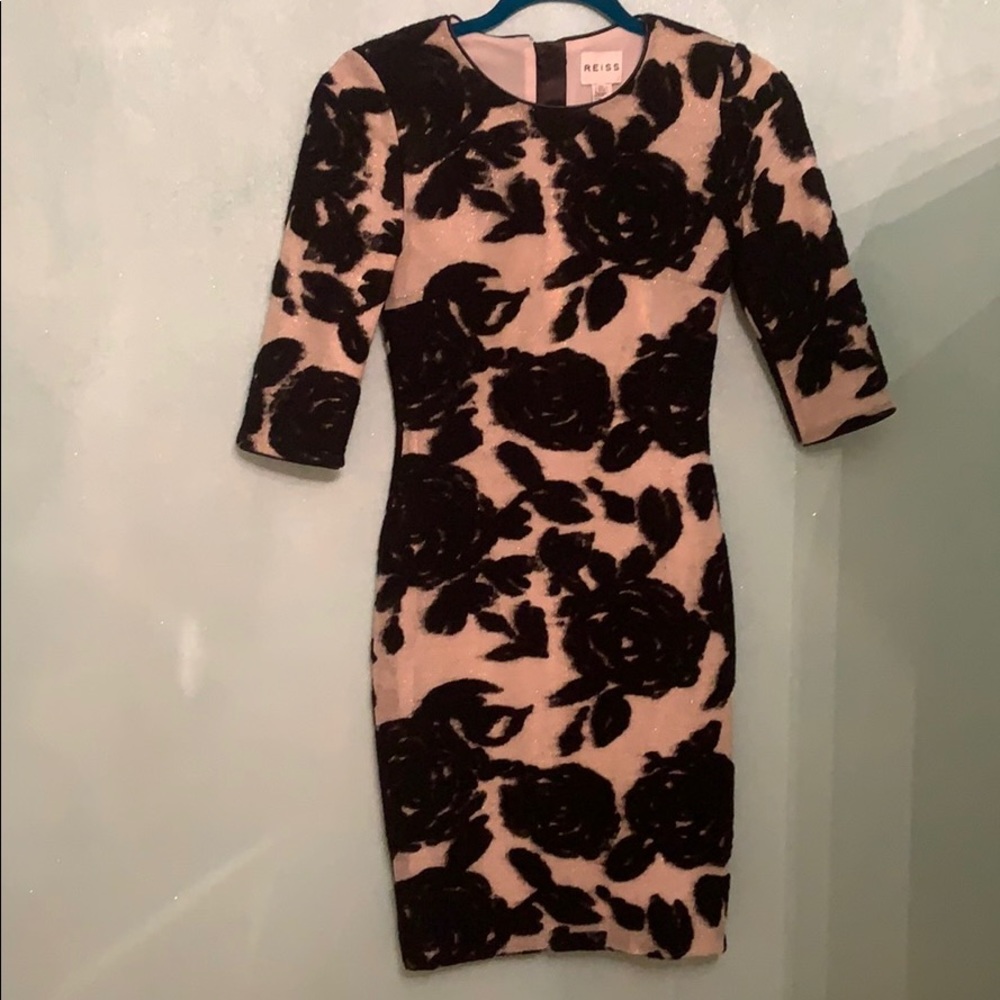 Reiss dress gold with black flower print